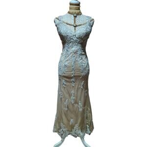 Ivonne D Mon Cheri nude and Ivory lace plunge‎ beaded evening gown 4
